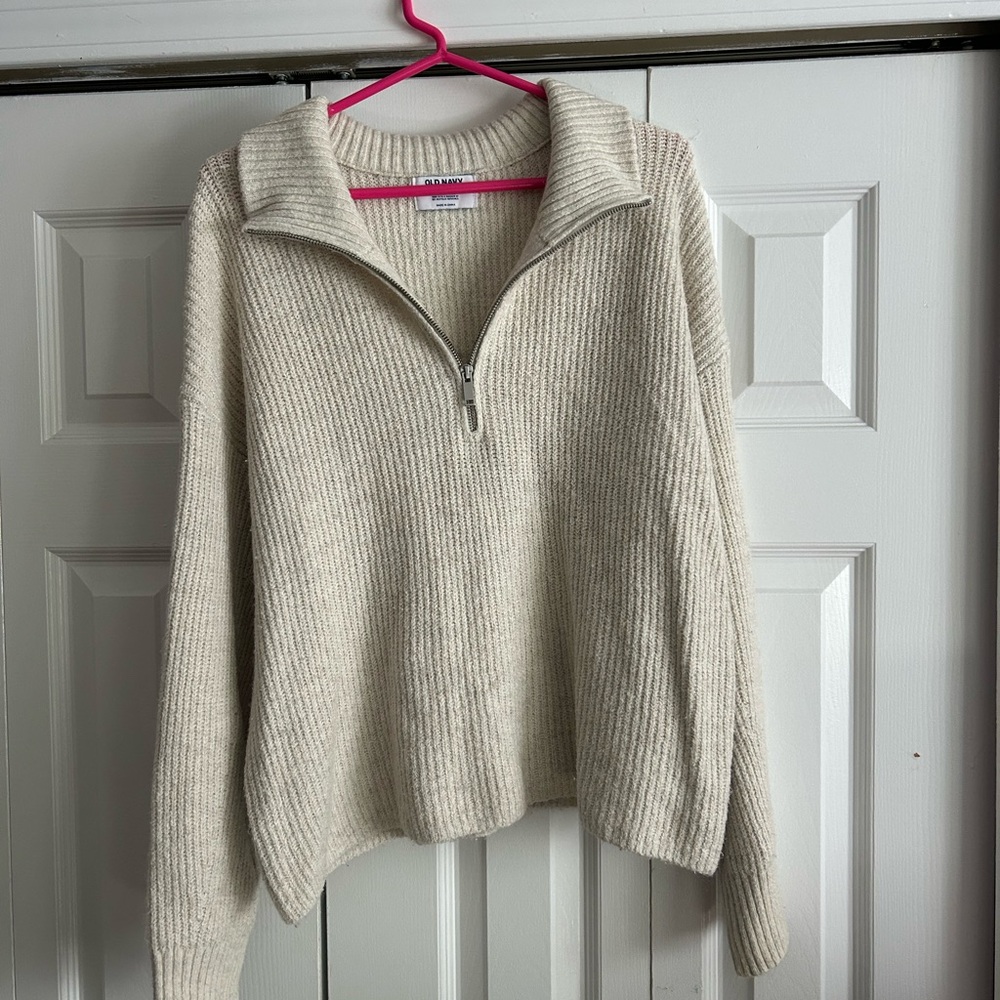Old Navy Cream Ribbed Quarter Zip Sweater